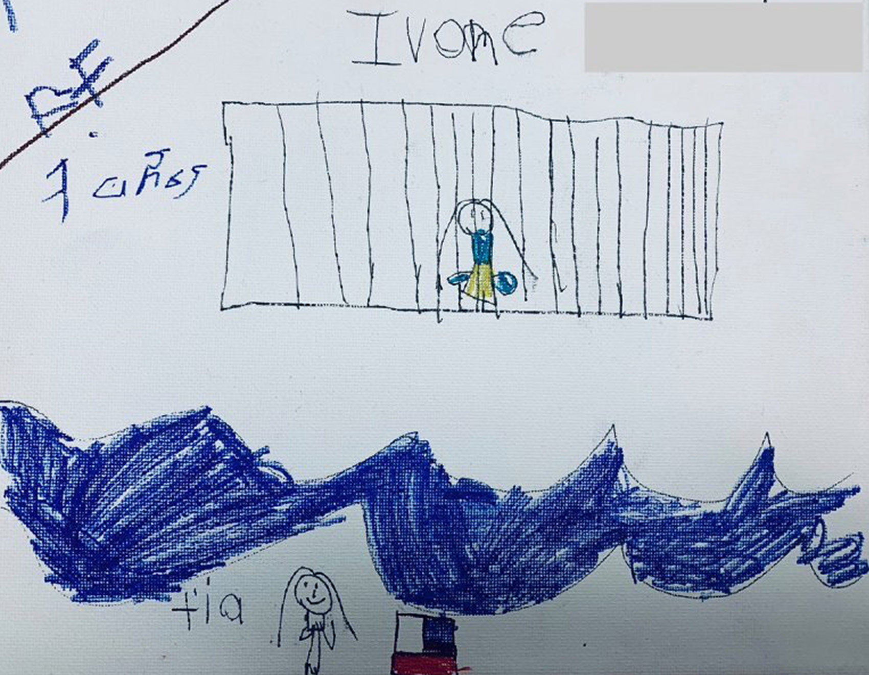 Ivone was forced to wait in Mexico. She draws herself in a cage while her txc3xada watches across the Rio Grande river next to an American flag.