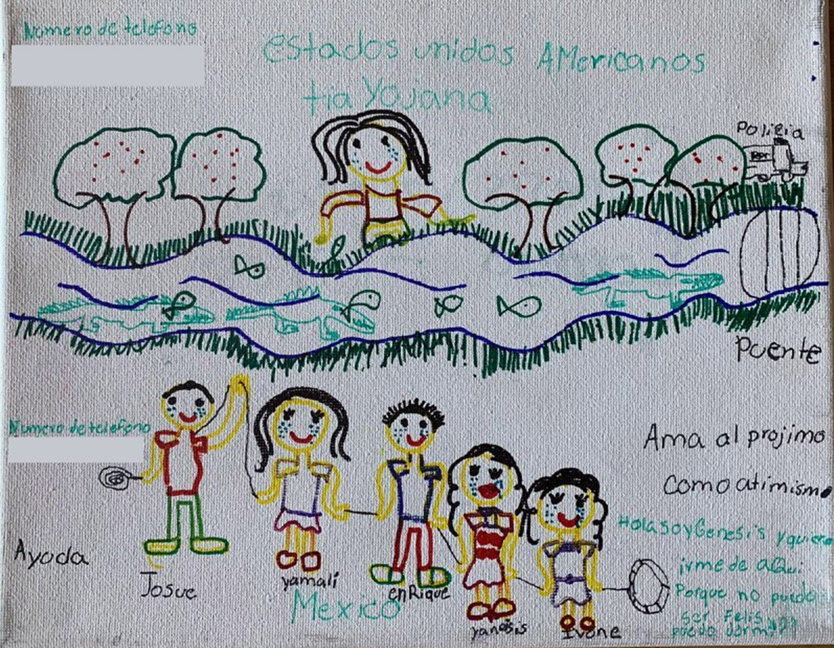 Genesis draws her family while waiting in Matamoros, her tía watches them from Brownsville, Texas. “I want to leave from here because I can’t be happy and I can’t sleep,” she writes. She believes there are crocodiles in the Rio Grande river, where many asylum-seekers bathe and wash their clothes.