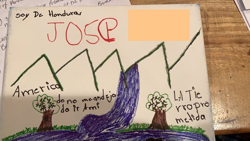 While waiting in Mexico, Jose draws the United States and the Rio Grande River. He writes, “America, where they didn’t let me in,” and “The promised land.”