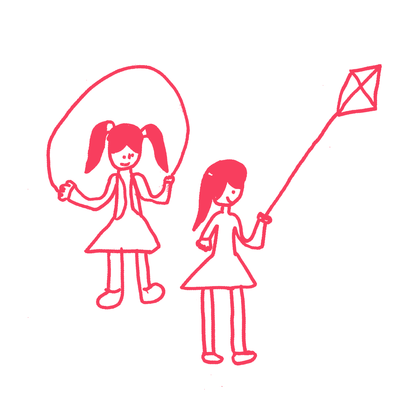 Illustration of two girls play, one with a jumprope while the other flying a kite